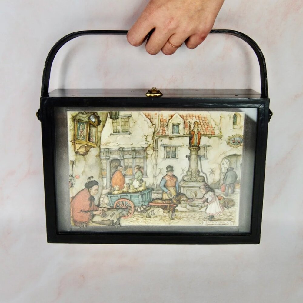 RARE Vintage 1960s 1970s Anton Pieck Black Wooden Shadow Box Purse Handbag